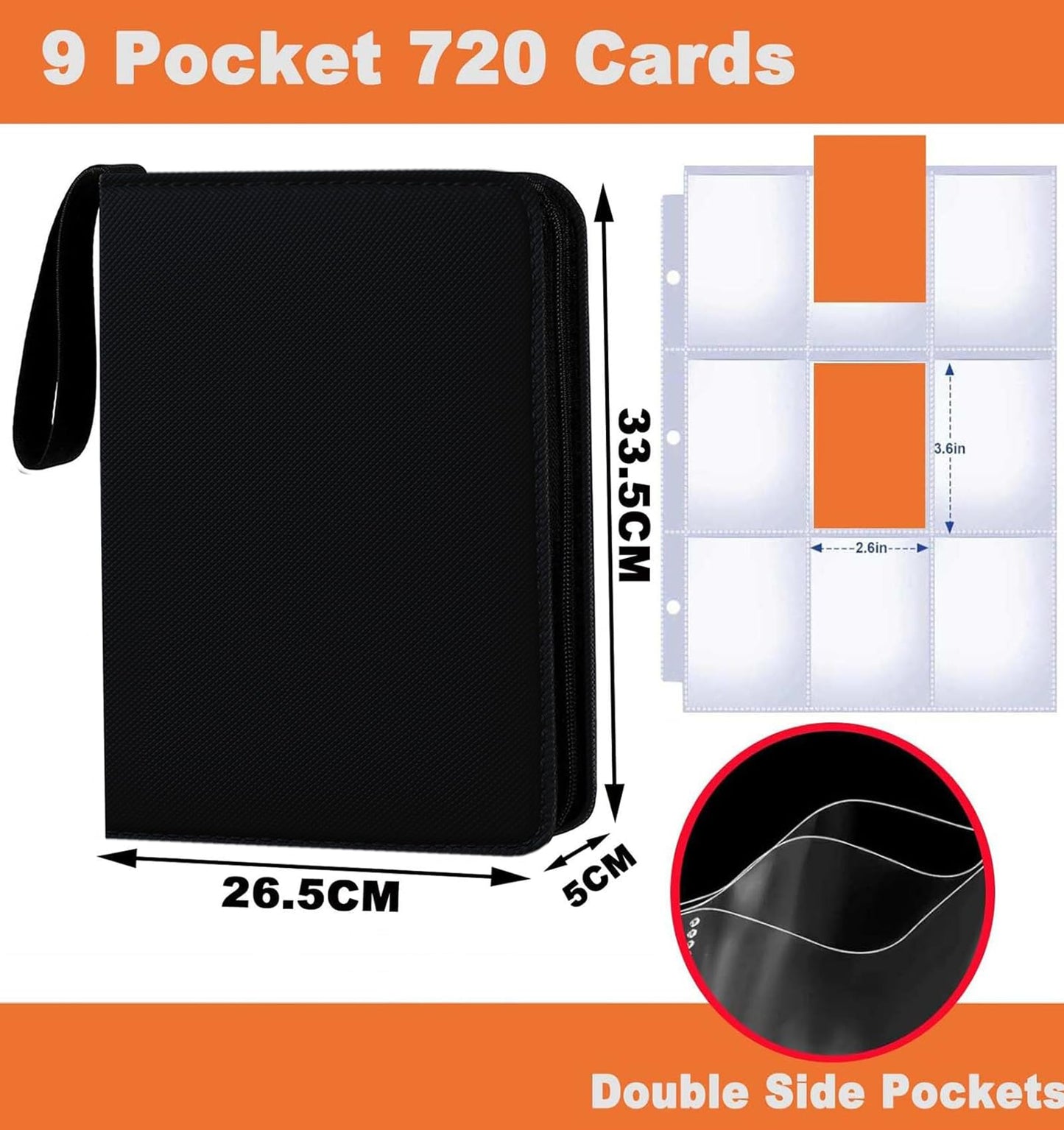 Card Binder 9 Pocket enhanced Zipper Trading Card Album 720 Cards Folders for Collectible MTG TCG Sports Cards Binder (Black)