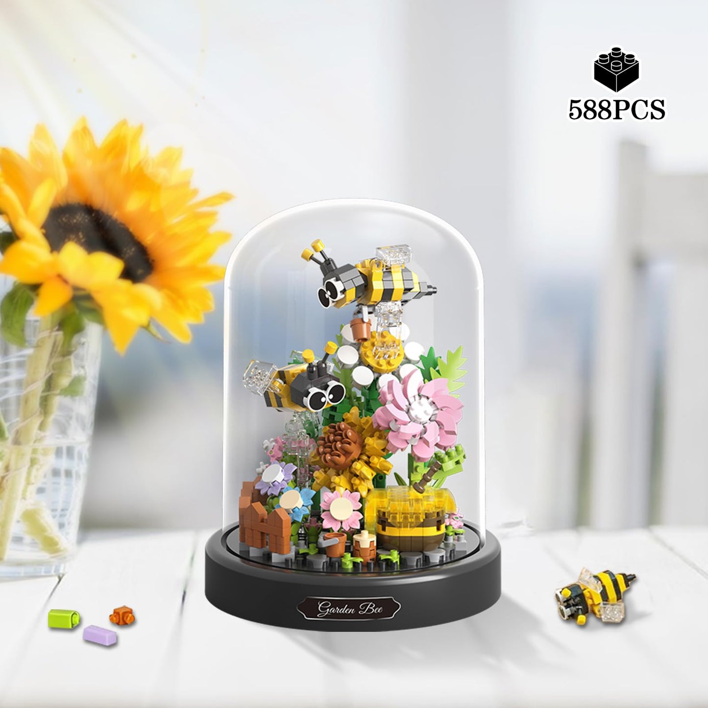 2 Flowers Bouquet Building Set Insect Collection Not Compatible With Lego, Mini Animals Bee & Sunflowers, Butterfly & Rose Botan