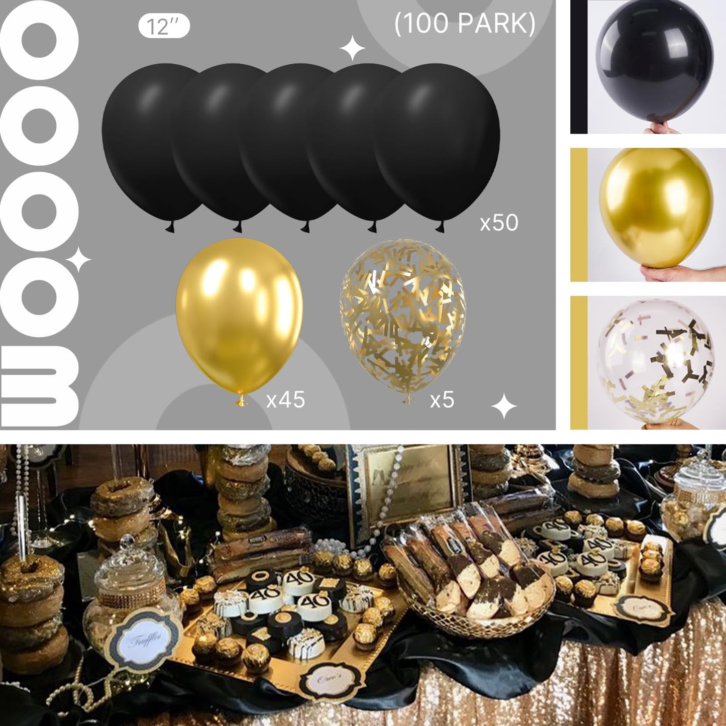 Partywoo Black And Gold Balloons, 100 Pcs 12 Inch Pack Of Black Balloons And Gold Metallic Balloons, Latex Balloons For Birthday Decorations, Retirement Party Decorations, New Year'S Eve Decorations