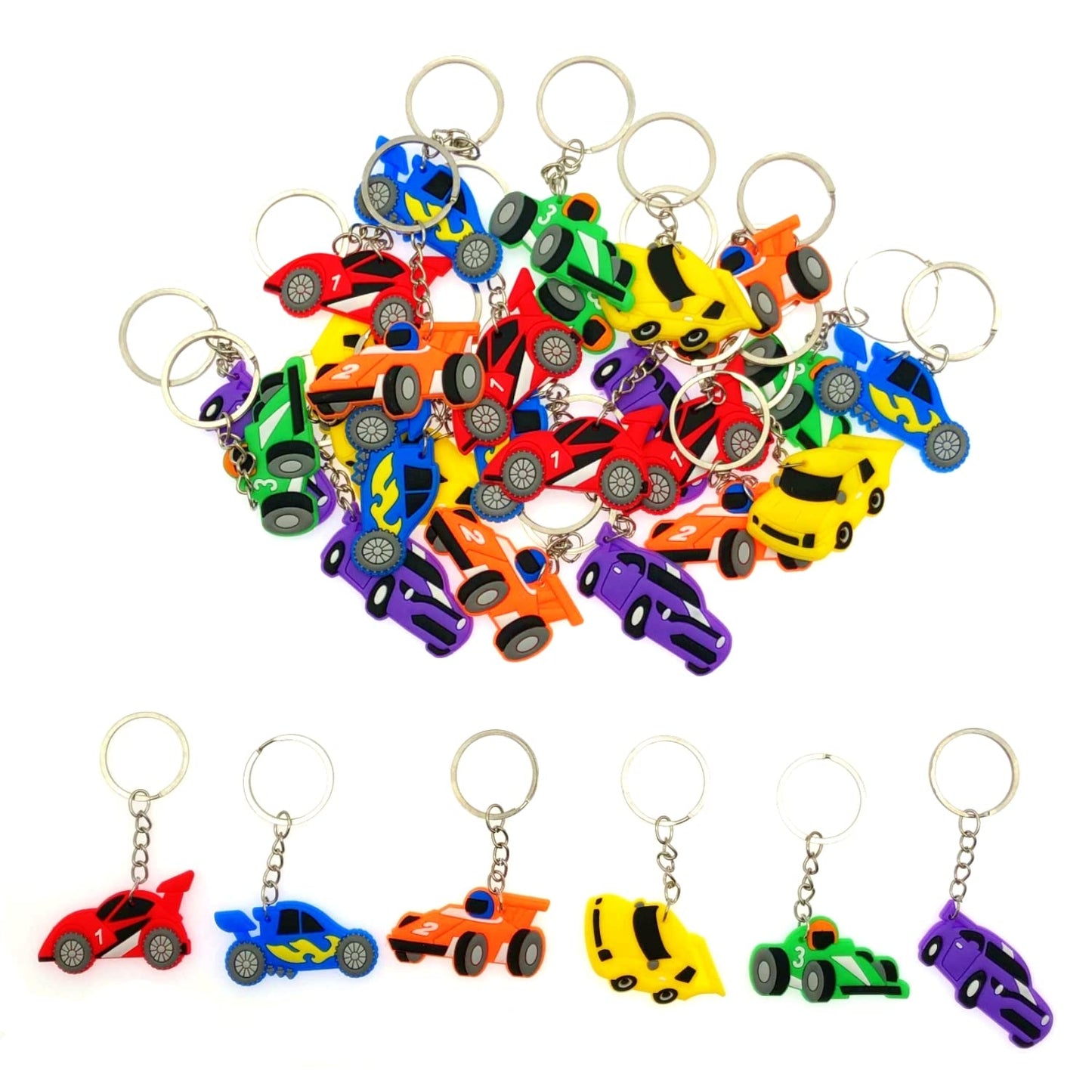 JZK 30 Pcs car keyring set for kids, silicone race car keychains for children birthday party favours, kids party bag fillers, ki