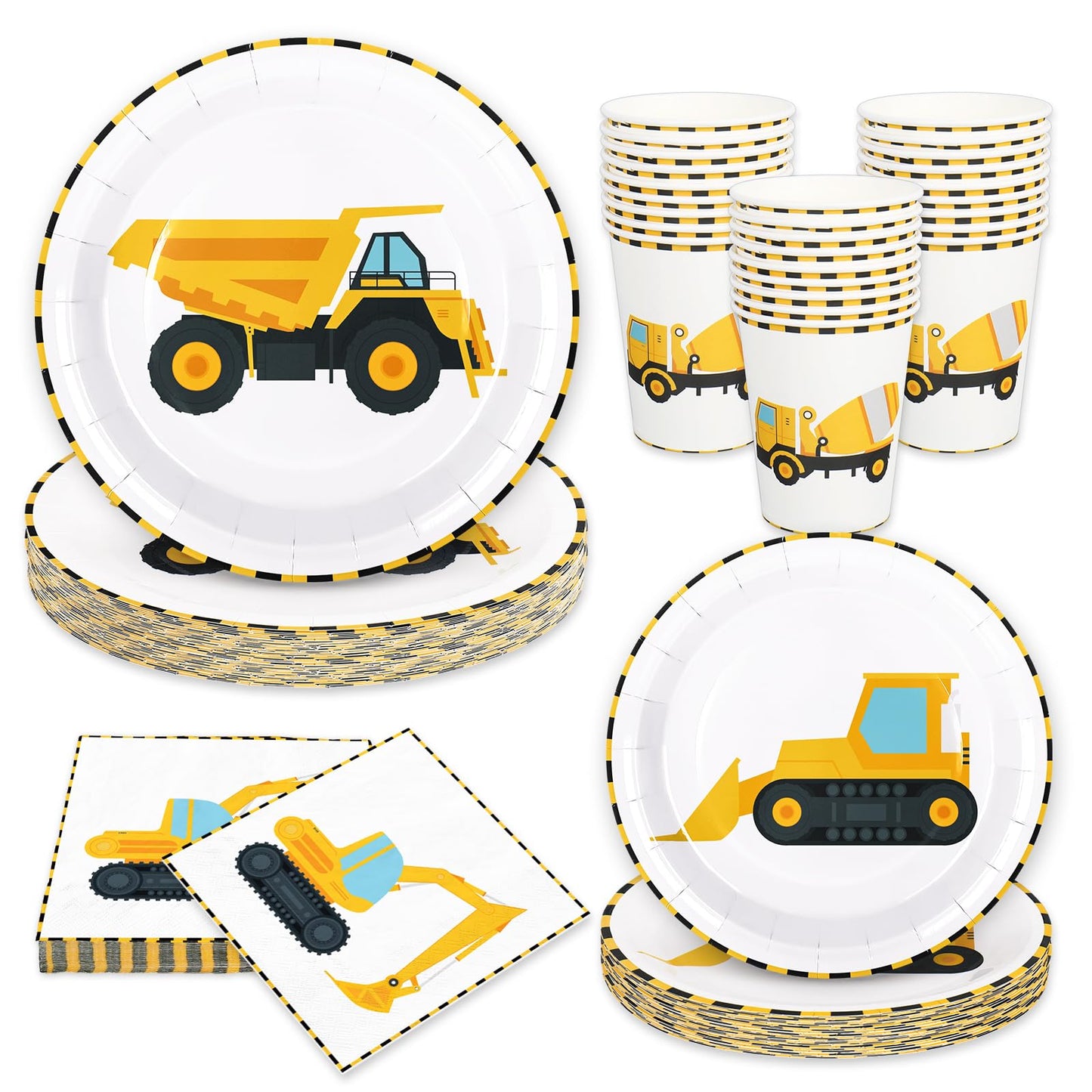 Whaline 96Pcs Construction Party Tableware Dump Truck Paper Plate Napkin Cup Yellow Black Disposable Dinnerware Set for 24 Guest