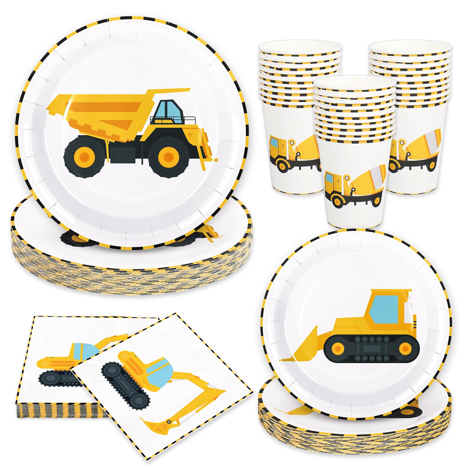 Whaline 96Pcs Construction Party Tableware Dump Truck Paper Plate Napkin Cup Yellow Black Disposable Dinnerware Set for 24 Guest