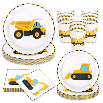 Whaline 96Pcs Construction Party Tableware Dump Truck Paper Plate Napkin Cup Yellow Black Disposable Dinnerware Set for 24 Guest