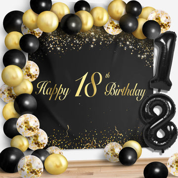 Happy 18Th Birthday Balloons Black Set Decor - Cheers To 18 Years Old Party Theme Garland Banner Backdrop Decorations For Women