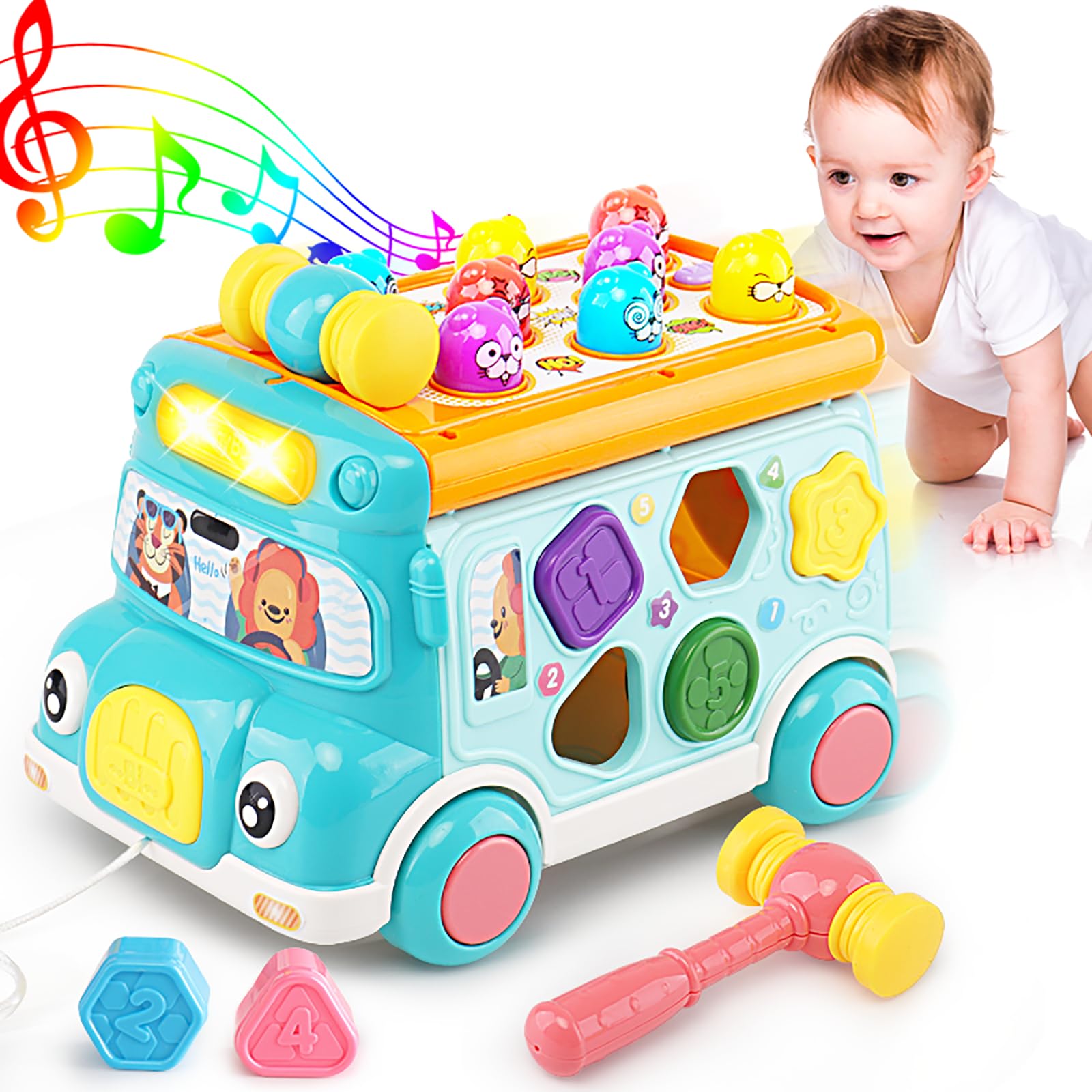 Music Activity Bus Baby Toy, Infant Education Learn Car, Sound & Light, Interactive Game, Shape Sorter, Animal Matching, Holiday Birthday Present For Toddler Kid Boy Girl 3 4 5 6 7 Years (Blue)
