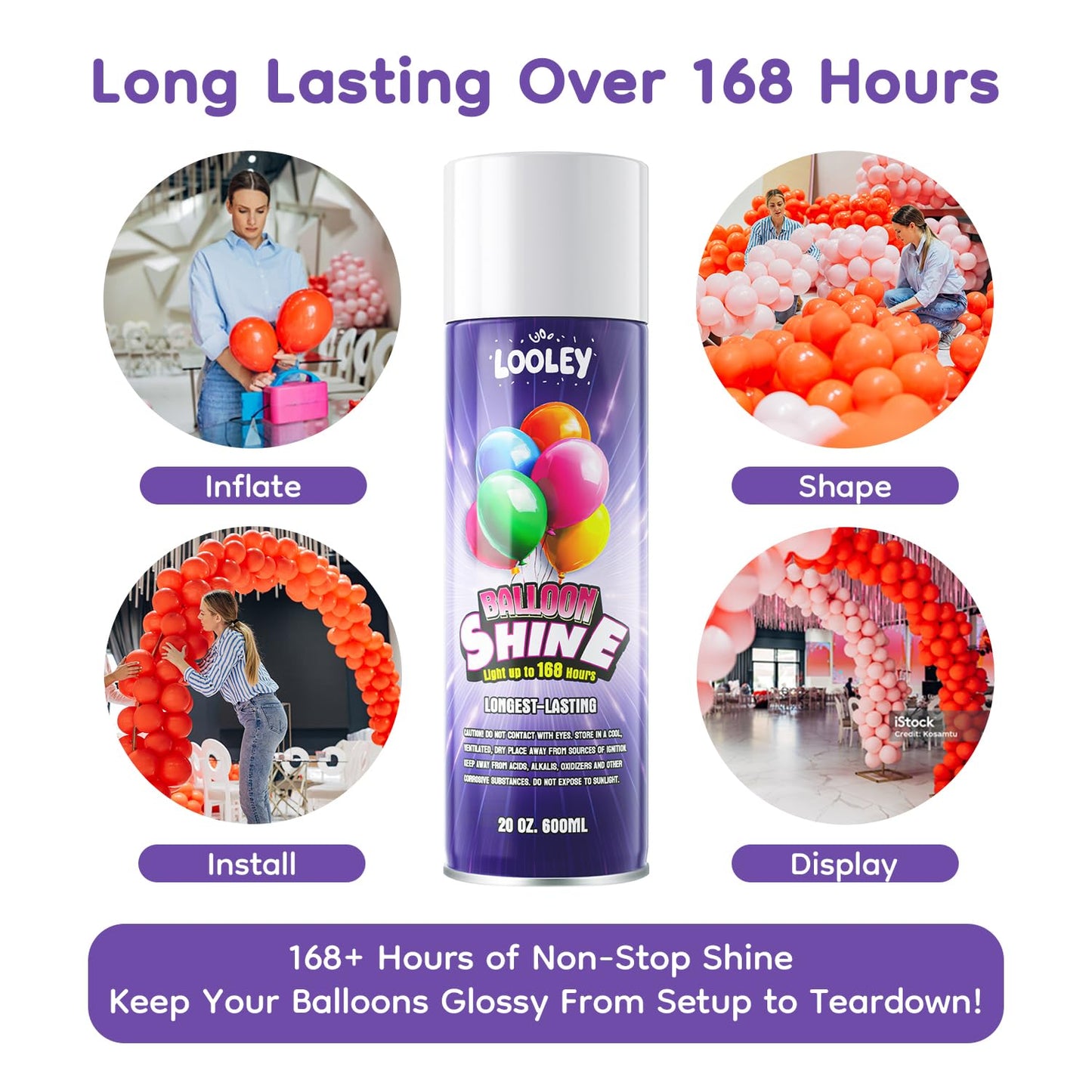 LOOLEY Pro Balloon Shine Spray - 20 fl. oz, Waterproof, Fragrance-Free, Ultra Lasting High Gloss for Latex Balloons, Purple Version