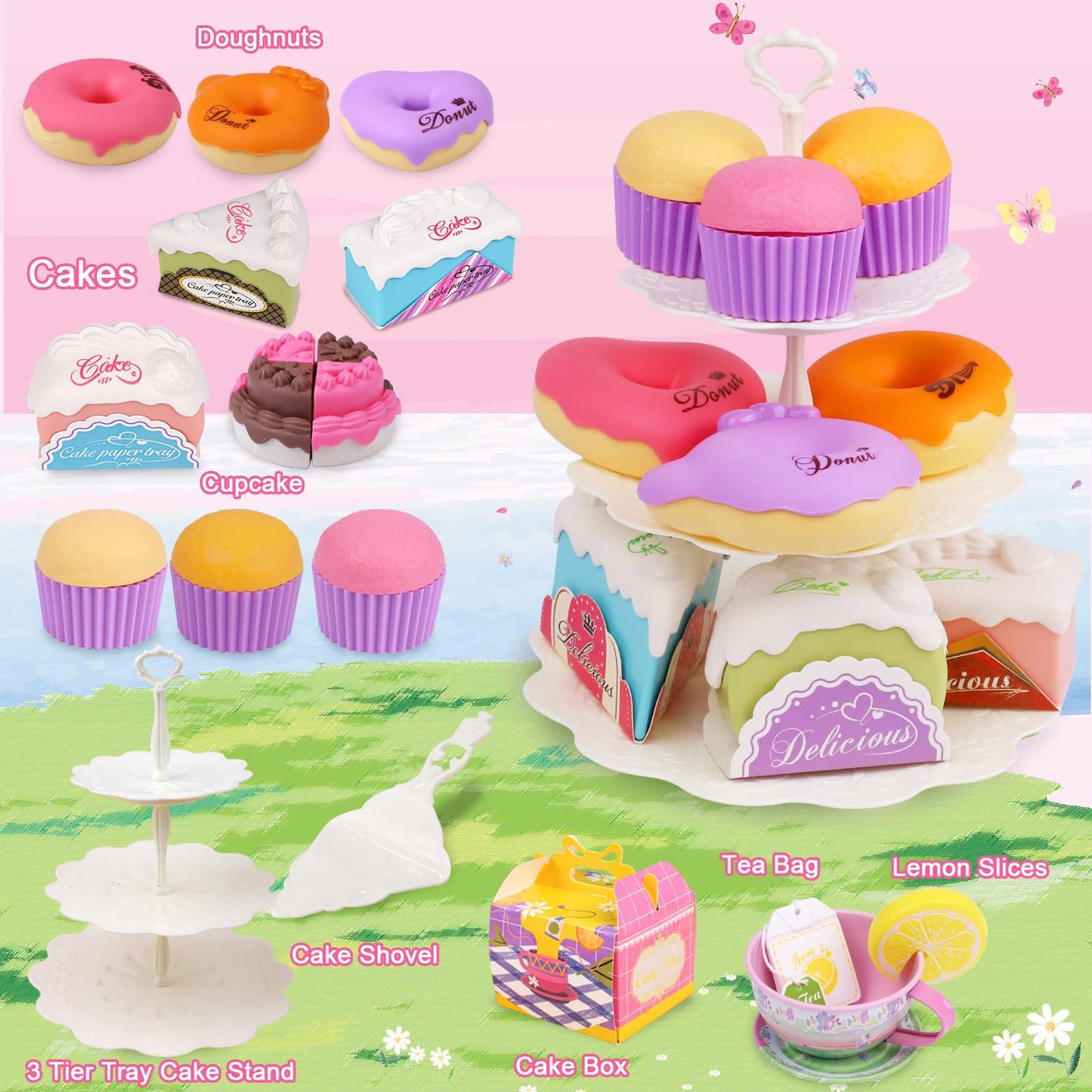 Tea Set for Little Girls,PRE-WORLD 50PCS Princess Tea Party Time Toy Including Dessert,Cookies,Doughnut,Teapot Tray Cake, Tablec