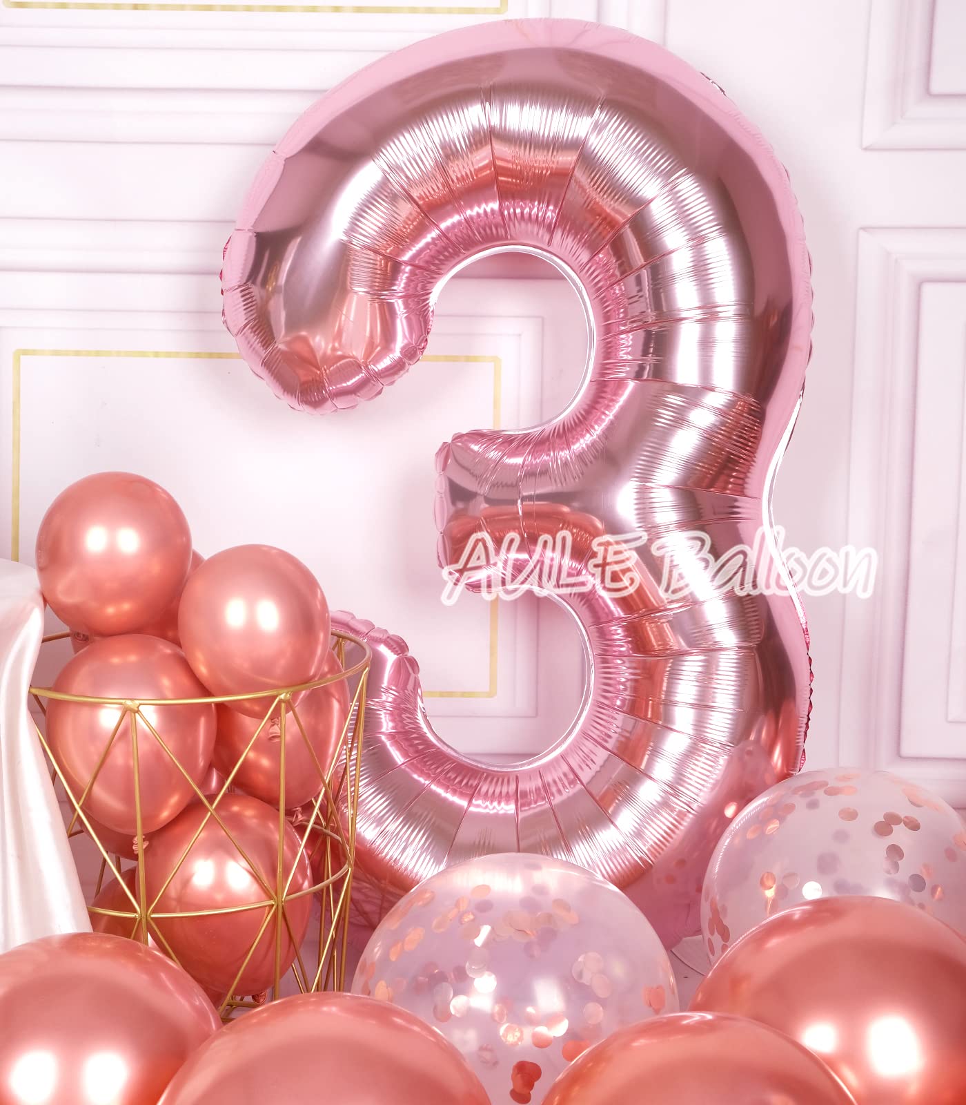 Aule 40 Inch Big Rose Gold 3 Balloon Number Large Foil Helium Number Balloons 0-9 Jumbo Giant Happy 3Rd Birthday Party Decoratio
