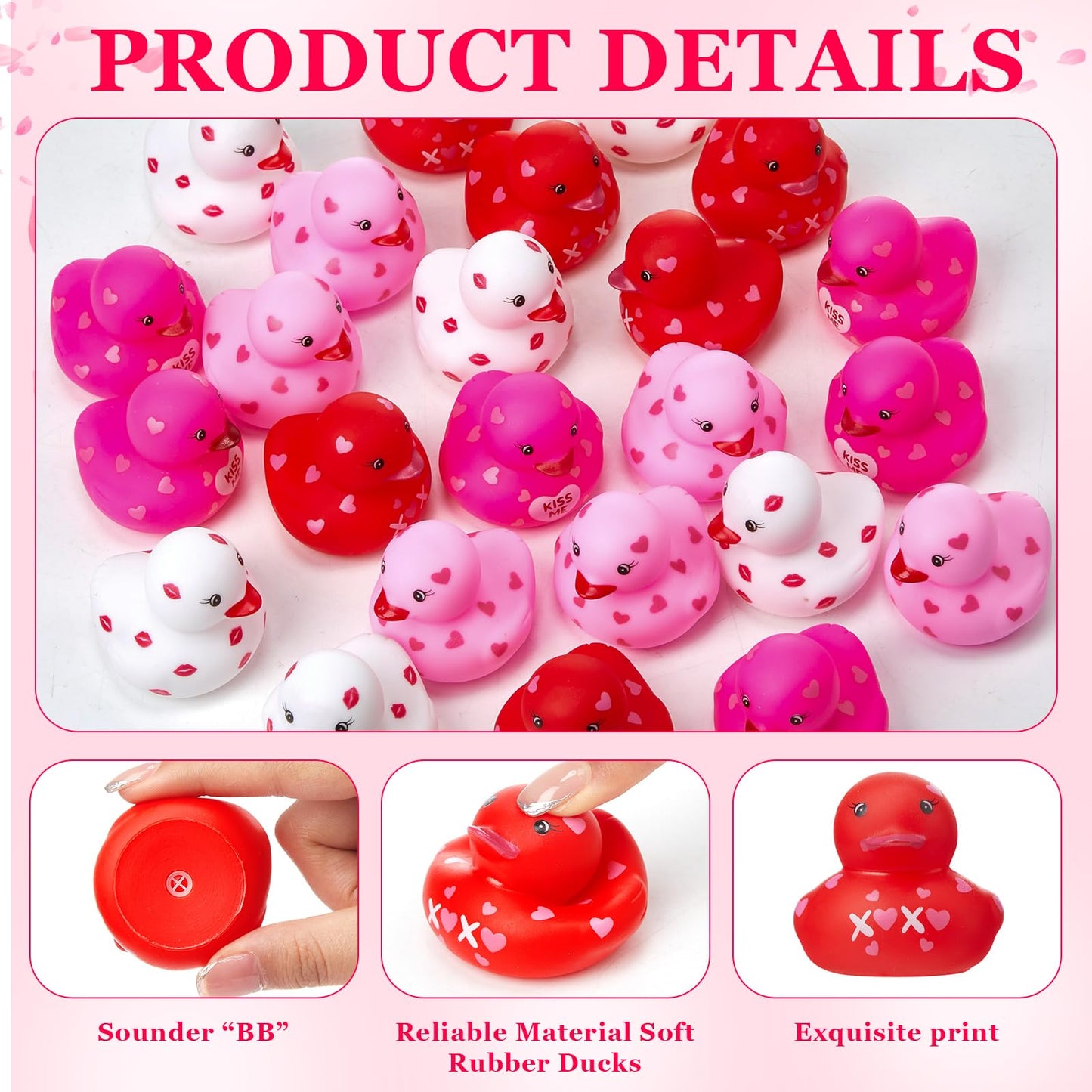 Motionchic 24 Pcs 2 Inch Valentine'S Day Rubber Duck Love Heart Squeaky Holiday Duckies Novelty Pink Red Bath Toys For Party Fav
