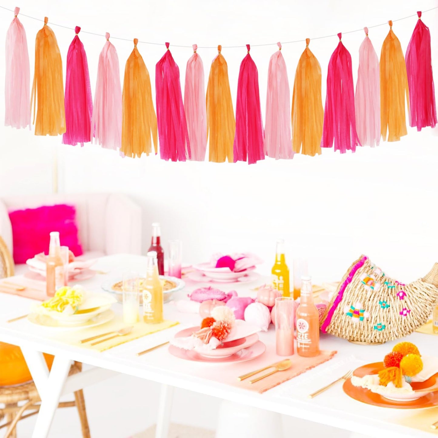 Hot-Pink Orange Fall Party-Decorations Tassel-Garland - 15pcs Groovy Baby-Shower Birthday Wedding Bridal Tassel, Autumn Thanksgi