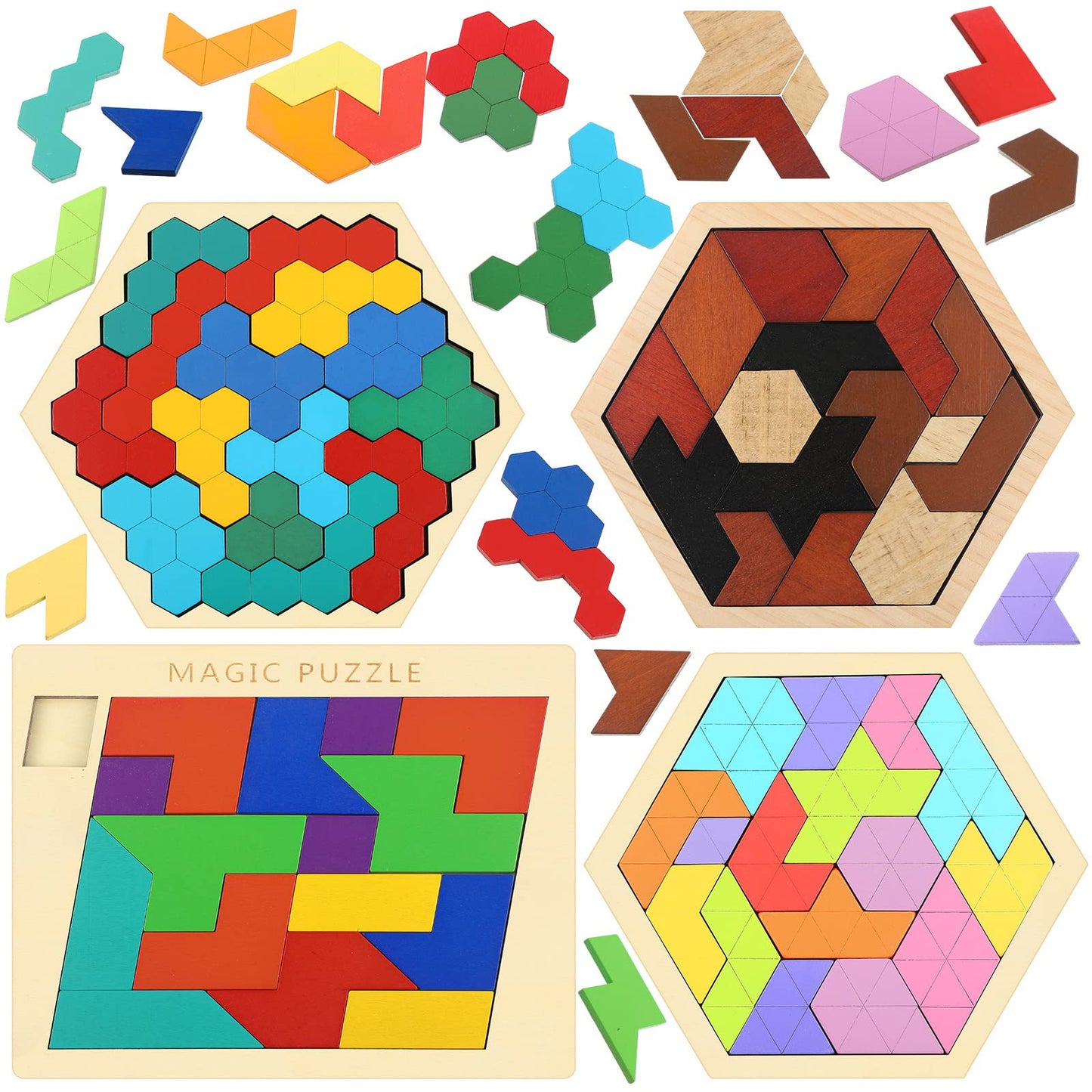 BBTO 4 Pack Wooden Hexagon Puzzle Blocks Geometric Tangram Jigsaw Shape Pattern Block Brain Teaser Toy Russian Blocks Logic Iq Stem Montessori Toy Educational Gift for Intelligence Challenge