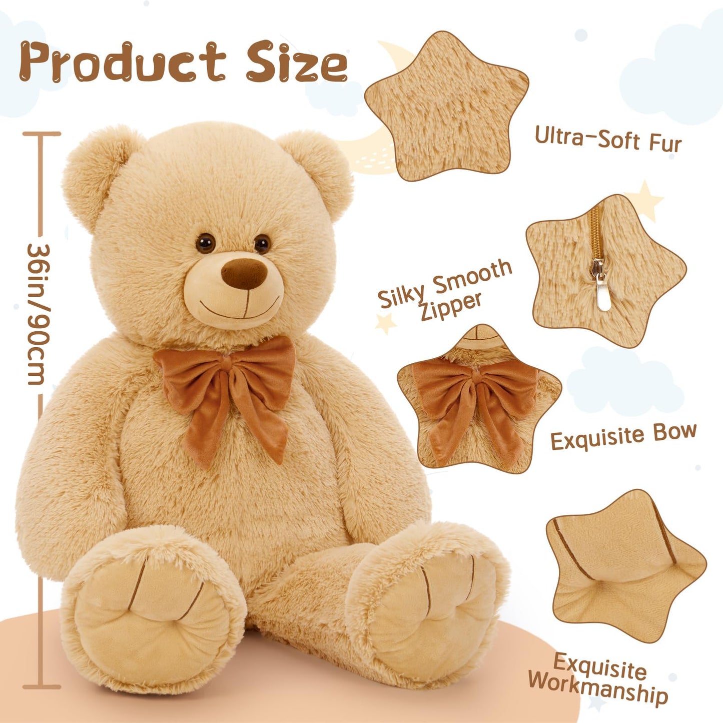 Tezituor Big Teddy Bear Stuffed Animal  36 Large Plush Soft Bear Toys Baby Shower Decor Christmas Valentines Gifts for Girls Boys Girlfriends  Brown