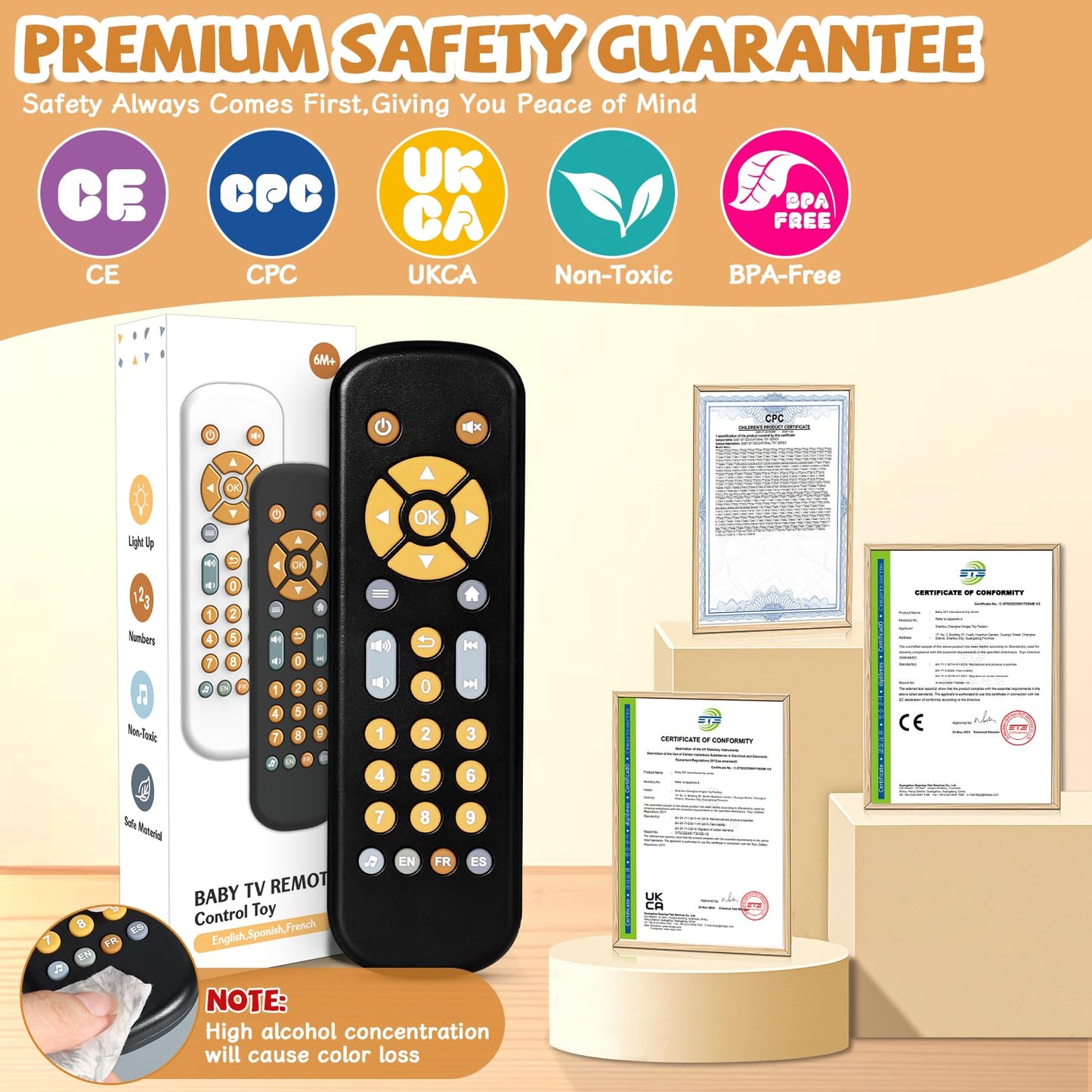 Orzbow Baby Remote Control Toy For 6 Months+ With Music, Tv Remote Toy With Realistic Light And Sound - English, French And Spanish For Infant Play - Bpa Free, Black