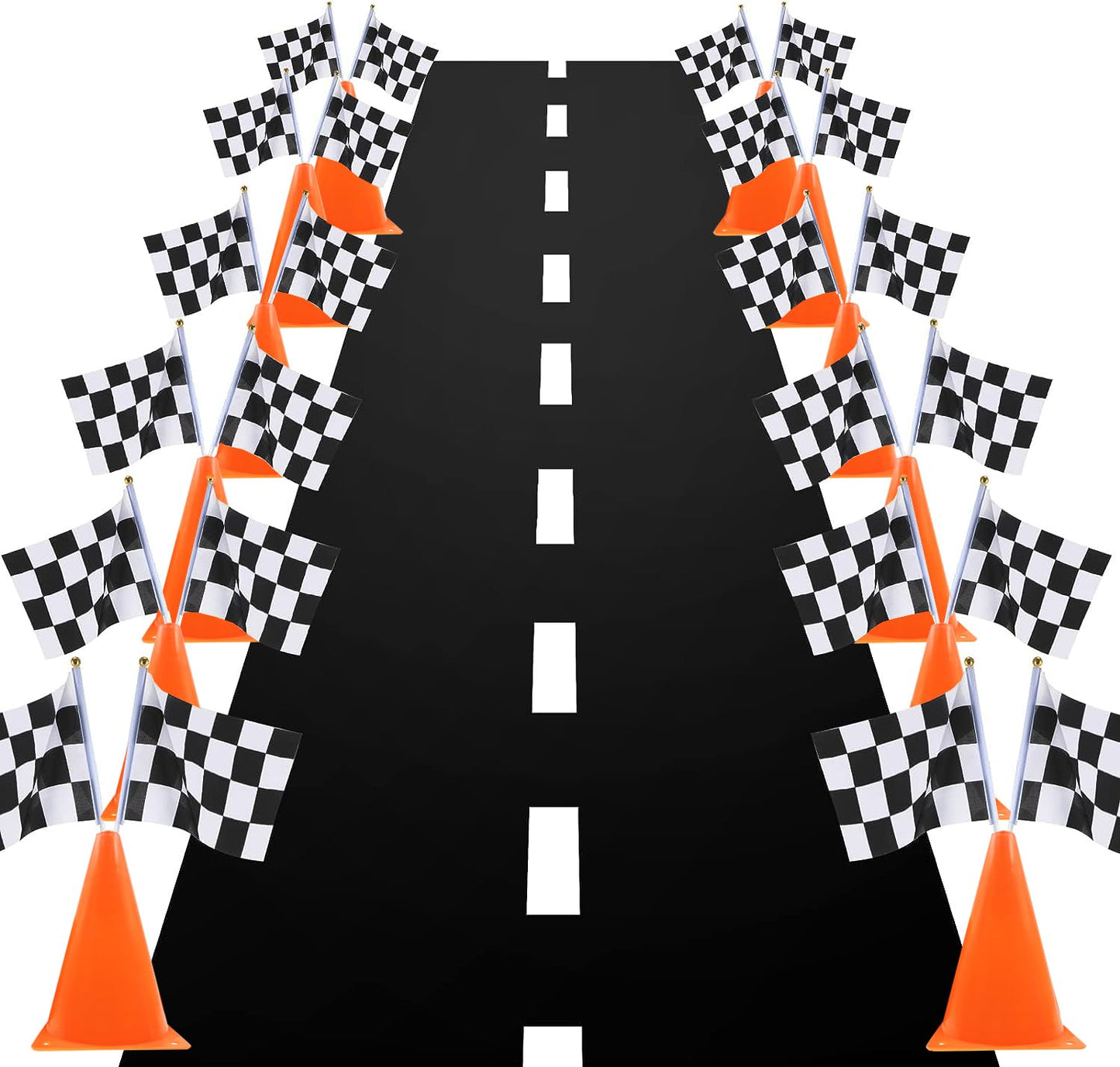 7Inch Orange Racing Traffic Cones Party Decoration With Racing Checkered Flags,11Inch Safety Sport Training Plastic Cones With R