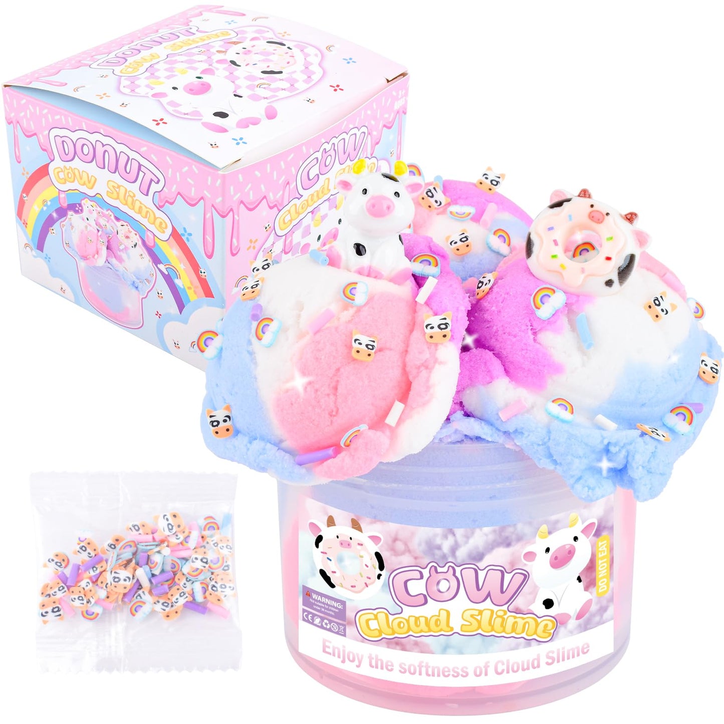 Pink Cow Cloud Slime, Scented Slime with Cute Donut Cow Charms and Rainbow Cloud Add-ins, Birthday Gifts for Kids 4-12, Party Fa