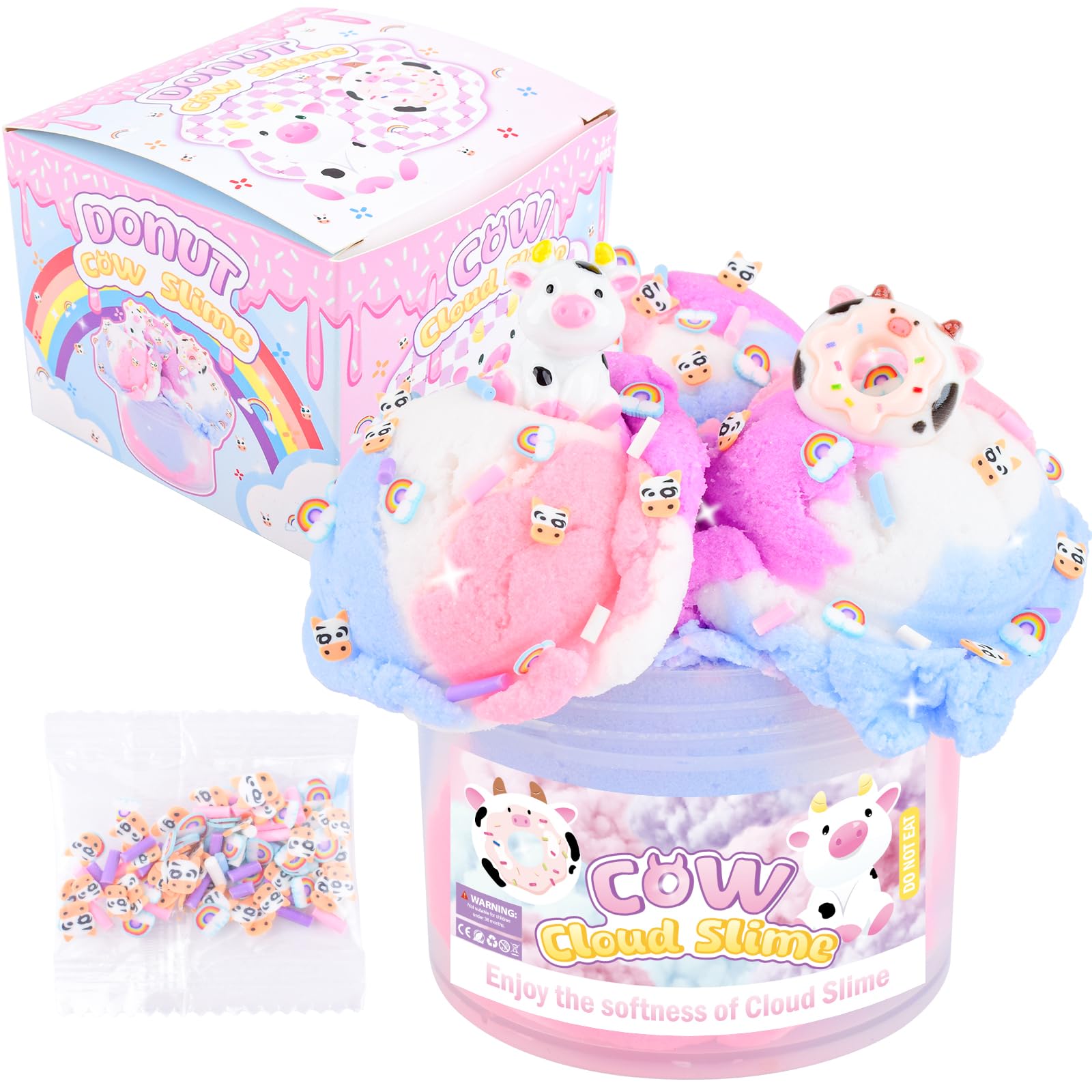 Pink Cow Cloud Slime, Scented Slime with Cute Donut Cow Charms and Rainbow Cloud Add-ins, Birthday Gifts for Kids 4-12, Party Fa