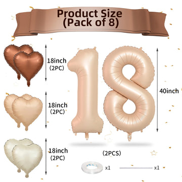 Biapian 40 Inch Light Brown Number 18 Balloons, 8Pcs Large Foil Number 1 & 8 Balloons With 18'' Caramel Heart Shape Balloon For