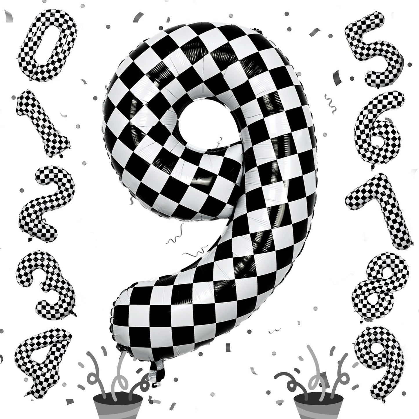 40 Inch Number 9 Balloons For Boys, Checkered Big 9Th Birthday Balloons Decor, Helium Black And White Self Checkered Inflating F