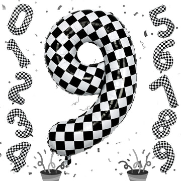 40 Inch Number 9 Balloons For Boys, Checkered Big 9Th Birthday Balloons Decor, Helium Black And White Self Checkered Inflating F