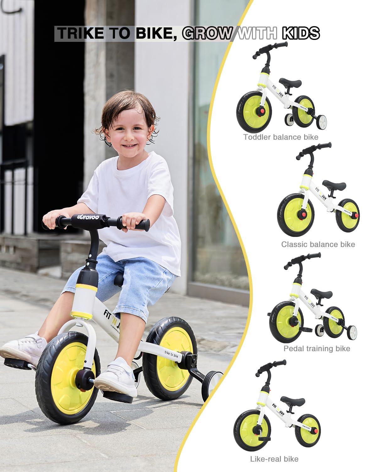 Ubravoo Trike To Bike Riding Tricycles For Boys Girls 2-5, Fit 'N Joy Kids Balance Bike With Pedals & Training Wheels Options, 4-In-1 Starter Toddler Training Bicycle (Yellow-White)