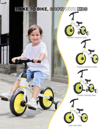 Ubravoo Trike To Bike Riding Tricycles For Boys Girls 2-5, Fit 'N Joy Kids Balance Bike With Pedals & Training Wheels Options, 4-In-1 Starter Toddler Training Bicycle (Yellow-White)