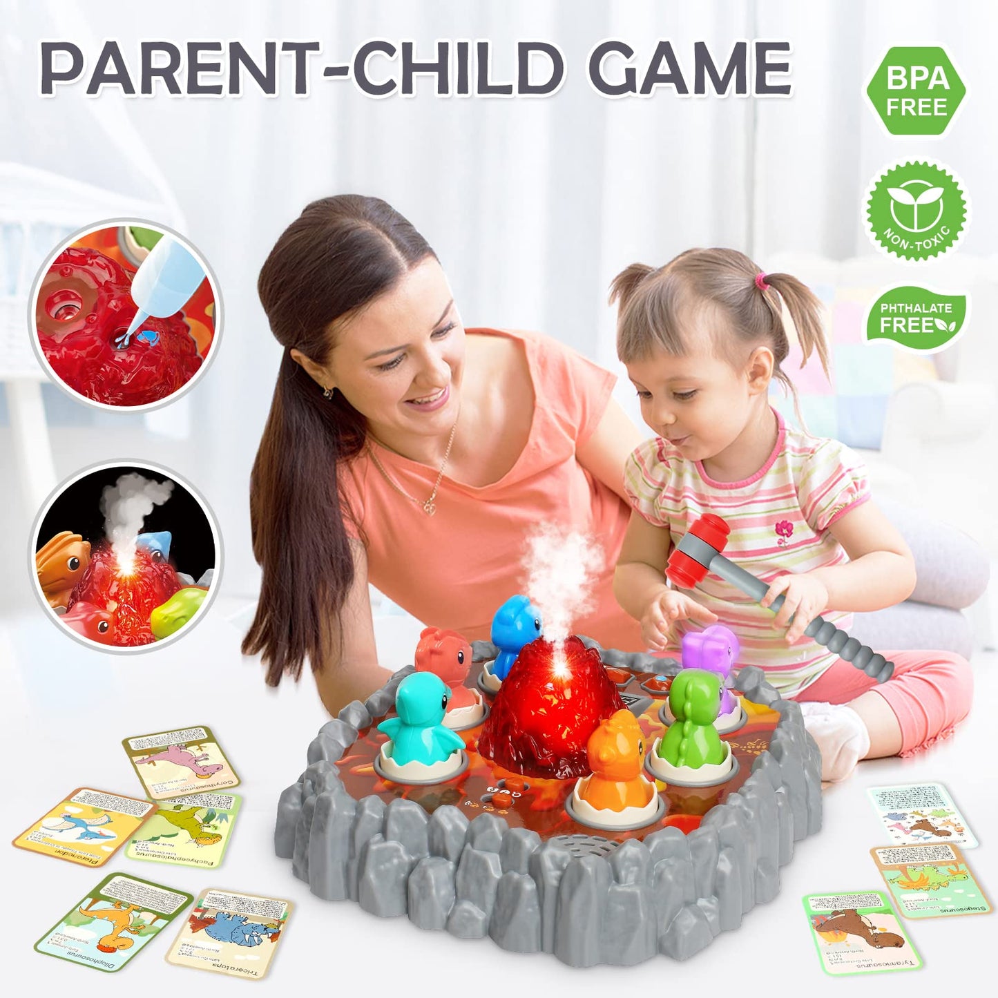 Yerloa Dinosaur Toys For Kids 3-5, Toddler Toys Ages 2-4 Dino Volcano Whack A Mole Game With 2 Hammers, Musical Spray Light Up Learning Outdoor Preschool Birthday Gift For 2 3 4 5 6 Year Old Boy Girl