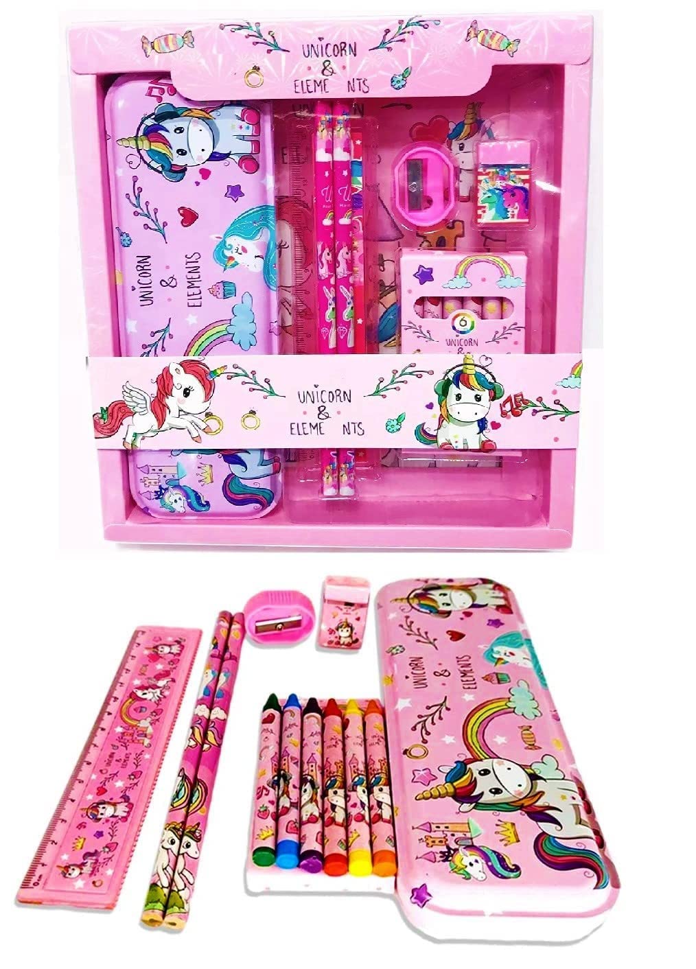 Youth Enterprises 12 Pcs All In One Unicorn Theme Stationery Set Combo Boys Girls Unicorn Pencil Box Set School Supplies Station