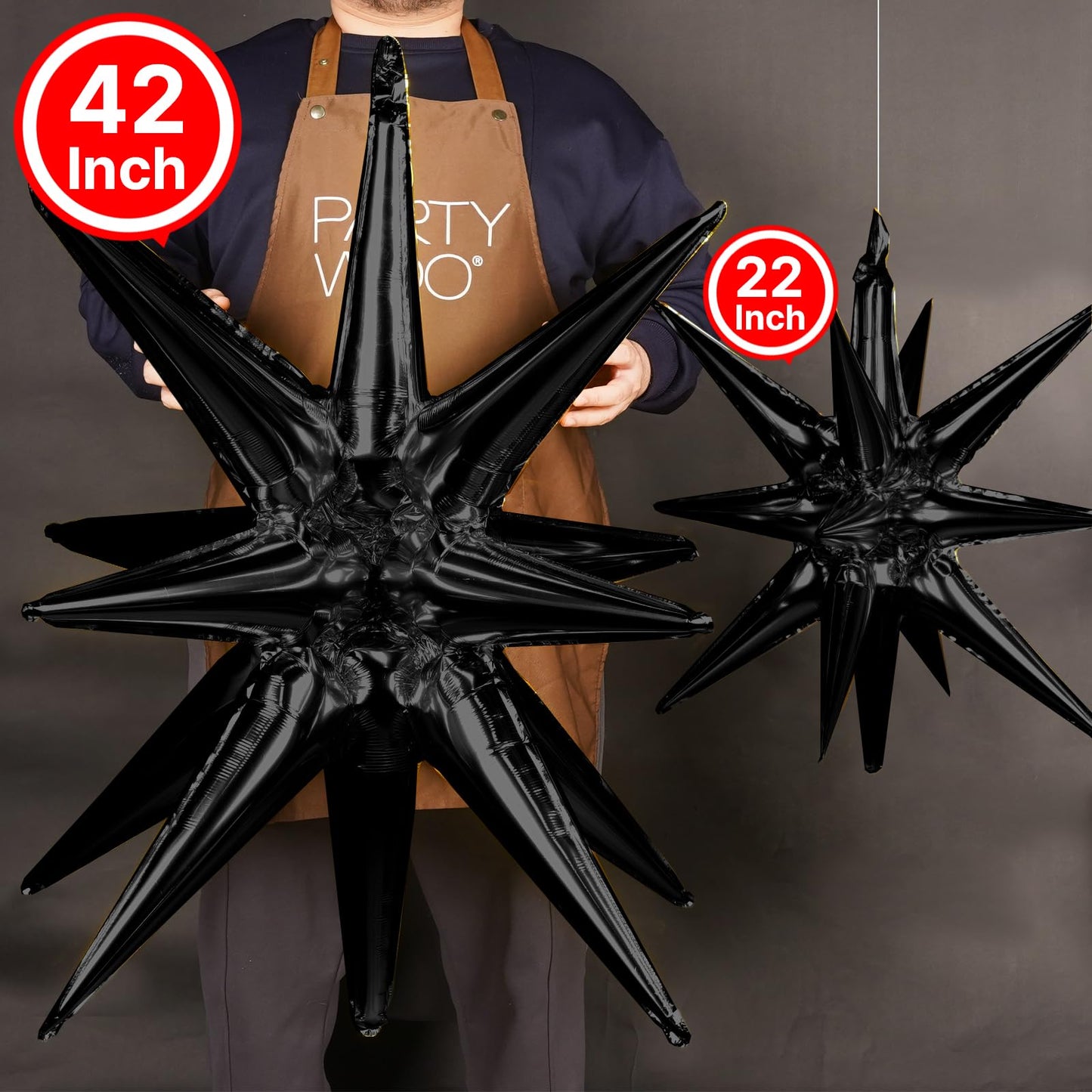 Partywoo Black Star Balloons, 2 Pcs 42 Inch Large 14-Pointed Starburst Balloons, One-Piece Star Explosion Balloons With Ribbon, Point Star Foil Balloons, Mylar Balloons For Birthday Party Decorations