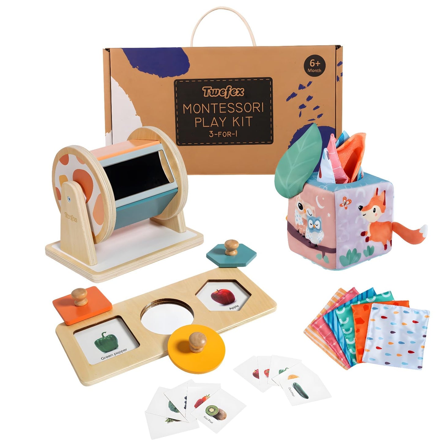 Twefex Montessori Toys For Babies 6-12 Months - 3 In 1 Baby Toys Play Kit - Medium Spinning Drum - Baby Tissue Box Toy - Peekabo