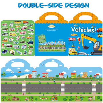 Reusable Sticker Books For Kids, Travel Removable Toddler Vehicle Sticker Books For 3 4 5 Year Old Girls Boys Birthday Gifts Educational Learning Toys For Age 3-5