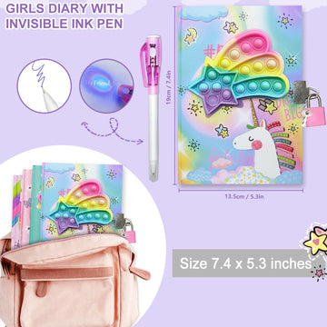 Ginmlyda Pop Girls Diary With Lock And Invisible Ink Double-End Pen, 7.5X5.4 Inches 160 Lined Pages Fidget Unicorn Girls Journal For Kids Secret Notebook Pen Set Gifts For Writing