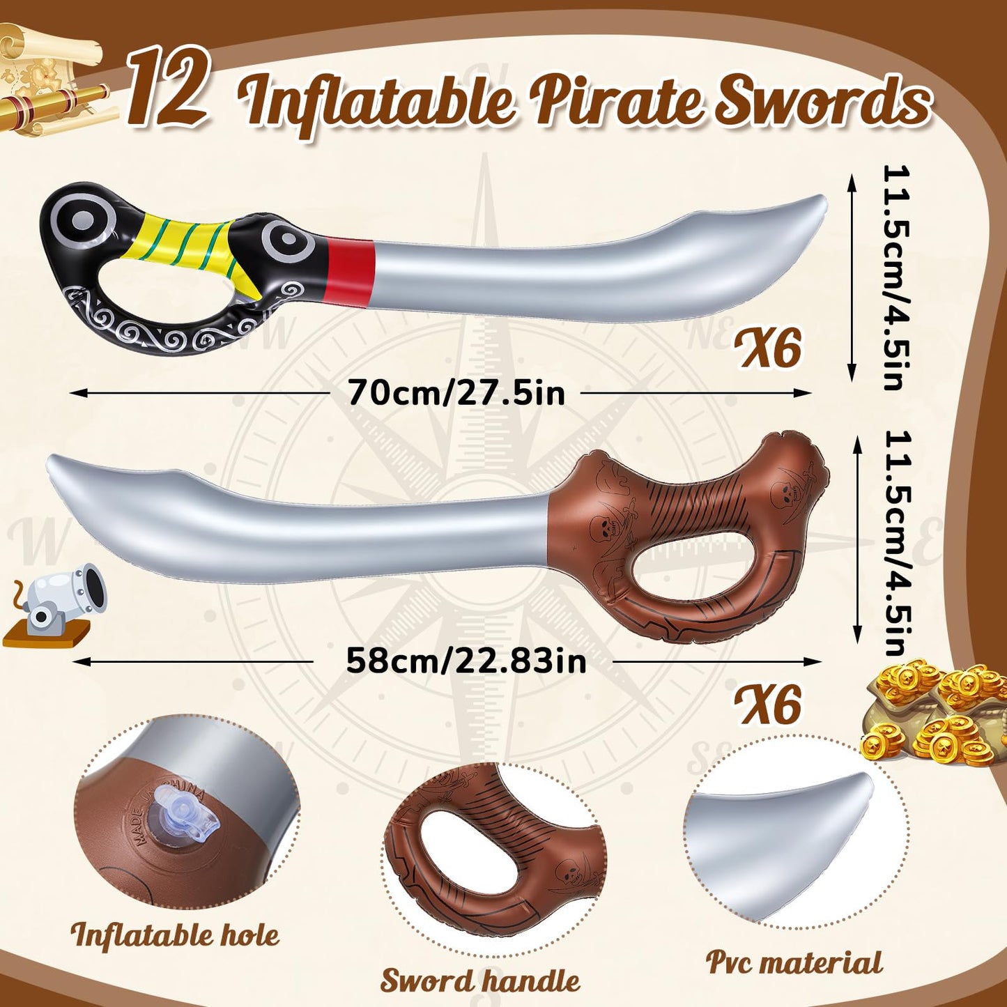 Cunhill 14 Pcs Pirate Party Set Birthday Pirate Party Decoration 1 Pc Funny Inflatable Pirate Ship Drink Cooler 1Pc Blow up Treasure Chest 12 Pcs Kid decorative replica blade for Supplies Beverage Serving Container Pool
