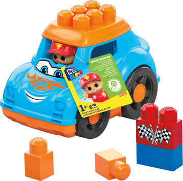 Mega BLOKS First Builders Toddler Building Blocks Toy Set, Ricky Race Car with 6 Pieces and Storage, 1 Figure, Blue, Ages 1+ Yea