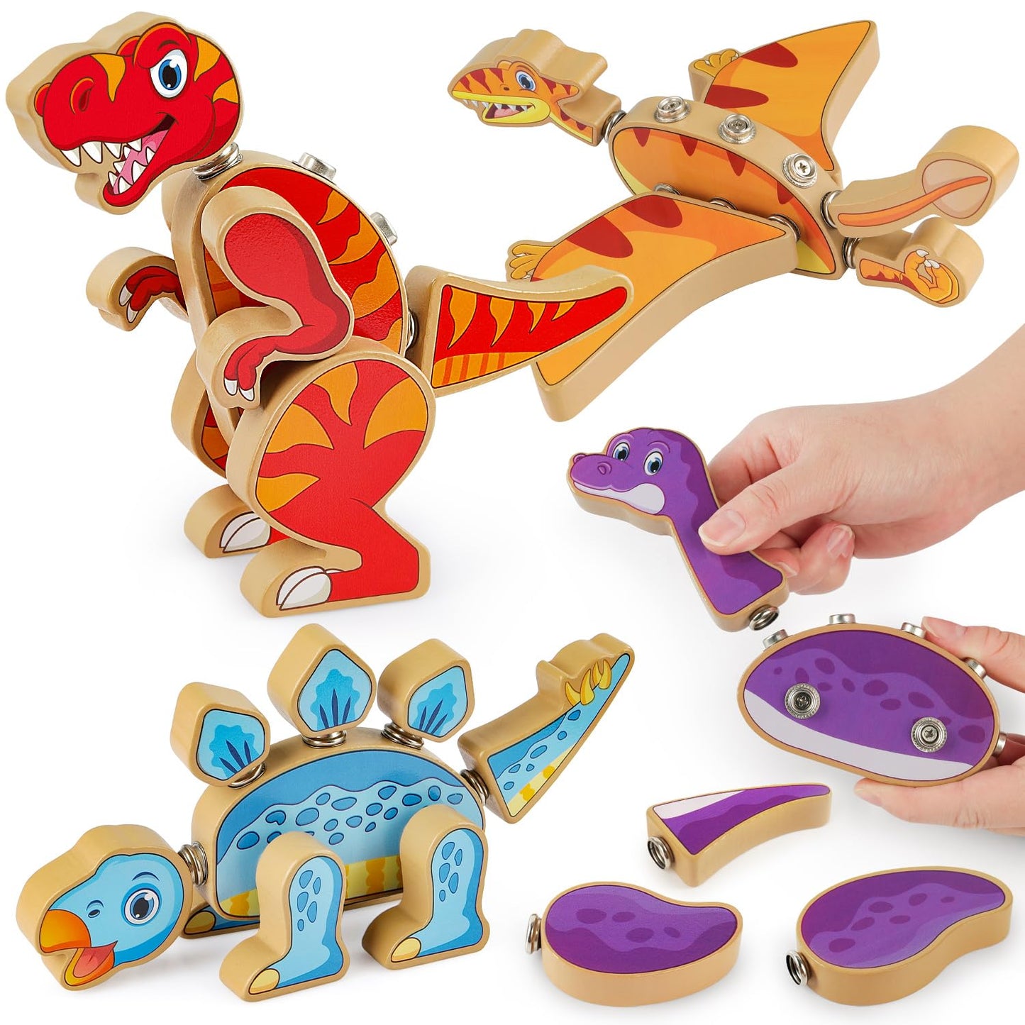 Coogam Dinosaur Snap Together Building Toys, Wooden Take Apart Dinosaur Playset, Stem Montessori Educational Fine Motor Skill Toy Gift For 3 4 5 Years Old Kids