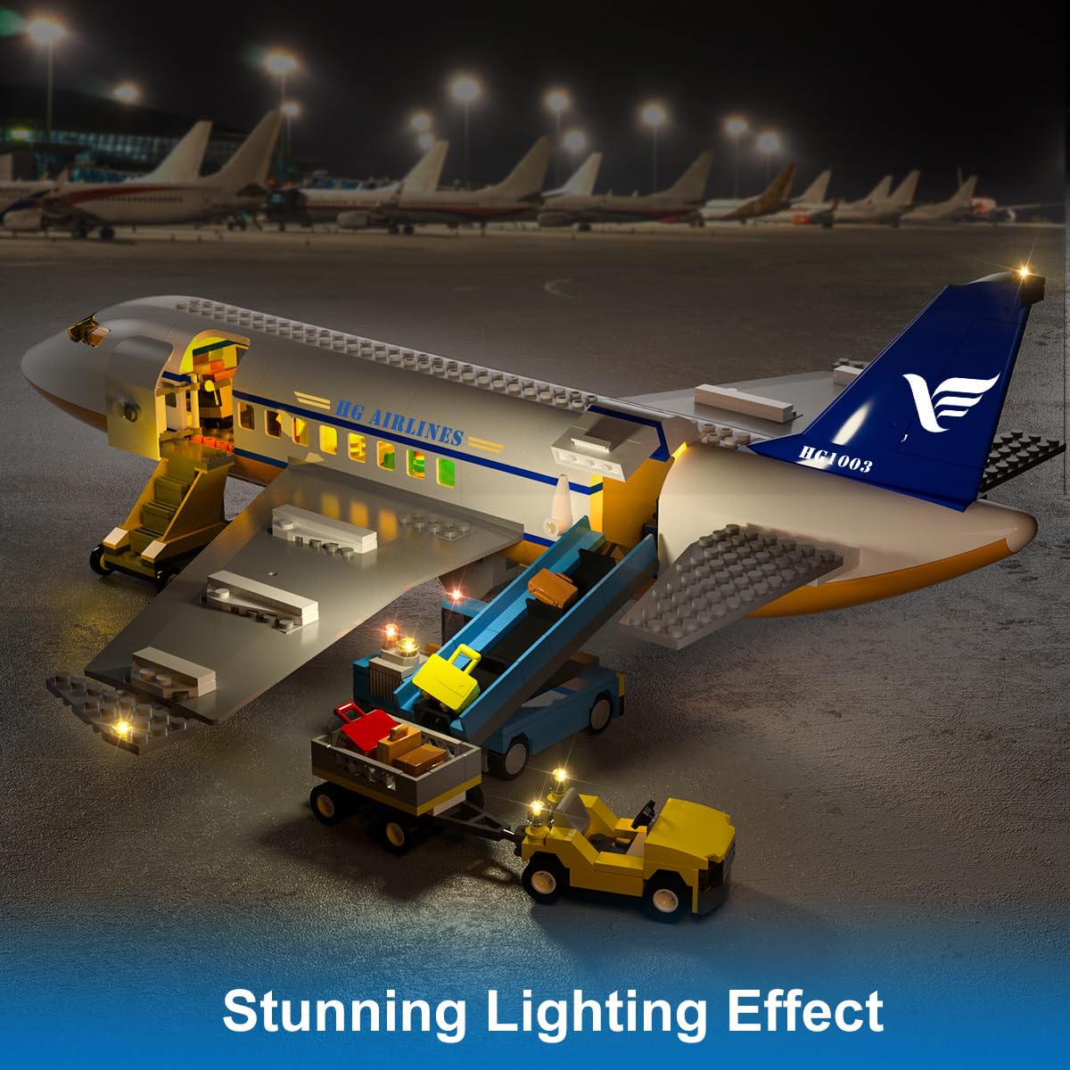 Cubimana Large City Passenger Airplane Building Toys With Led Light, 21 Inches Plane Building Sets With 2Pcs Luggage Trucks, Ter