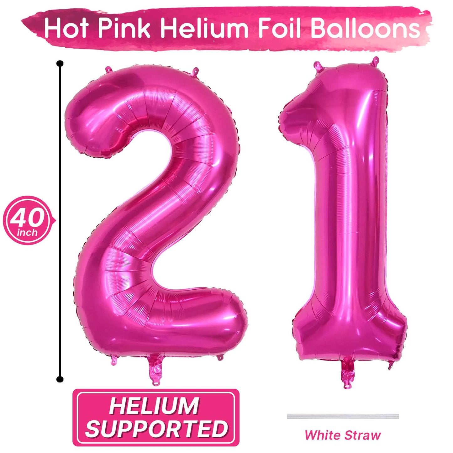 Isndare 40 Inch Number Balloons 21, Hot Pink Helium Foil Number 21 Balloons, Large Number Balloon Age Balloon For Boys Girls Bir