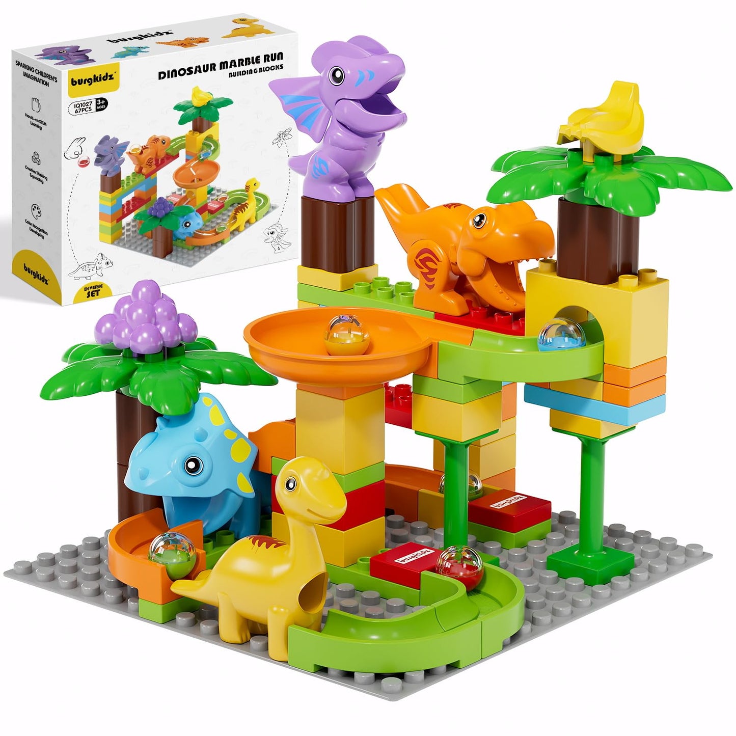 Kid Marble Run Building Blocks Dinosaur, Montessori Learning Stem Toy Bricks Maze Puzzle Set Race Track Compatible With Major Brands For Age 3 4 5 6 7 8+ Boys Girls Gift 67Pcs