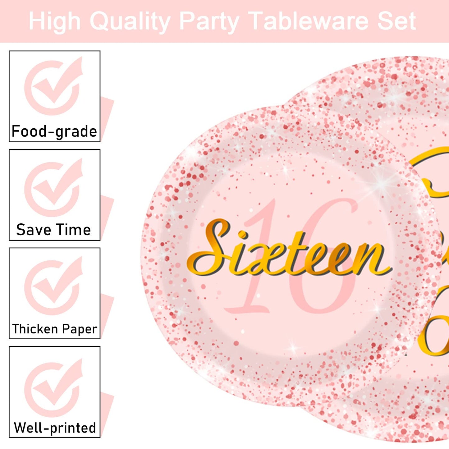 96 Pcs Rose Gold Sweet 16 Birthday Party Plates And Napkins Party Supplies Sixteen Birthday Party Tableware Set 16Th Party Decor