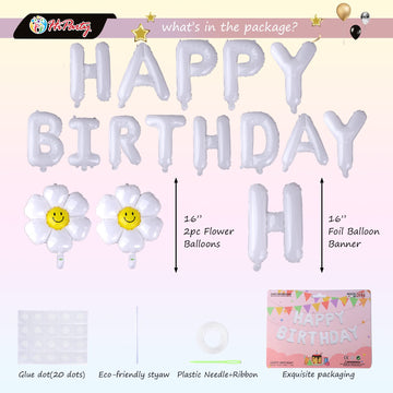White Happy Birthday Balloons Banner, 3D Mylar Foil Letter Birthday Balloons With 2Pcs Daisy Balloons, Birthday Party Decoration