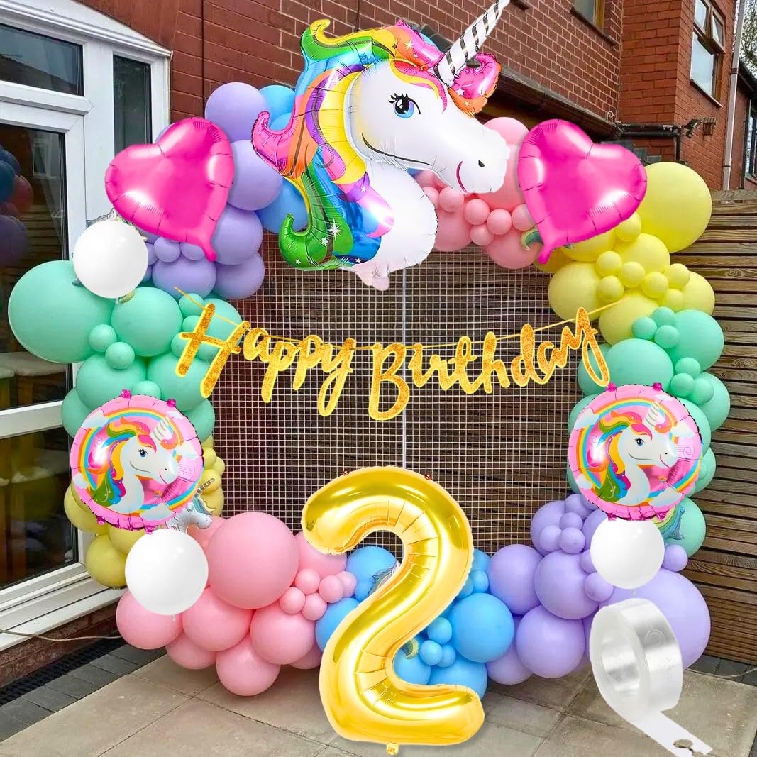 Flyloons Unicorn Theme 2Nd Birthday Decoration Kit For Kids For 2 Year With Unicorn Foil Pink Heart Pink Purple Yellow Mint Oran