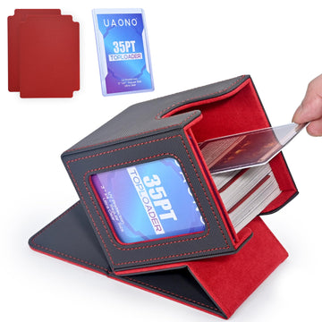 Uaono Card Deck Box With Mtg Commander Display, Deck Case Holds 100+ Double-Sleeved Cards, Trading Card Storage Box Fits Tcg/Ptcg/Sports Card With 2 Dividers, 1 Toploader (Grey, Red)
