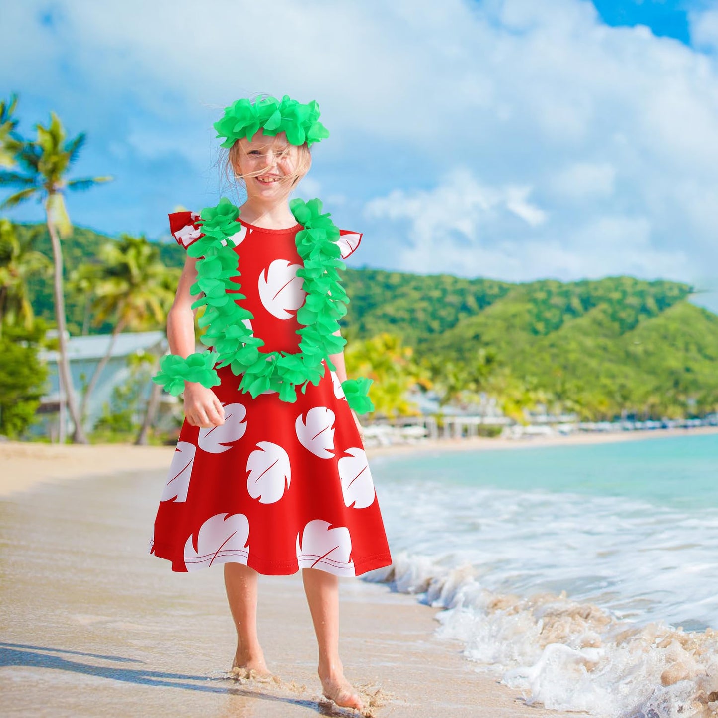 Hawaiian Little Girls Costume Dress With 4 Pcs Luau Flower Leis Accessories Set Red Flower Hair Clips Toddler Halloween Party Co