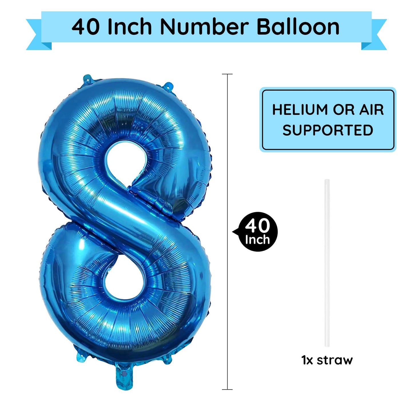Paticool 40 Inch Blue Number Balloon 8, Large Number Foil Balloons Mylar For Girl Boy Birthday Party Celebration Decorations Sup