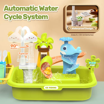 HOLYFUN Play Sink with Running Water, Kitchen Sink Toys with Upgraded Electric Faucet, Water Slide Track, Baby Dishwasher Toy, K