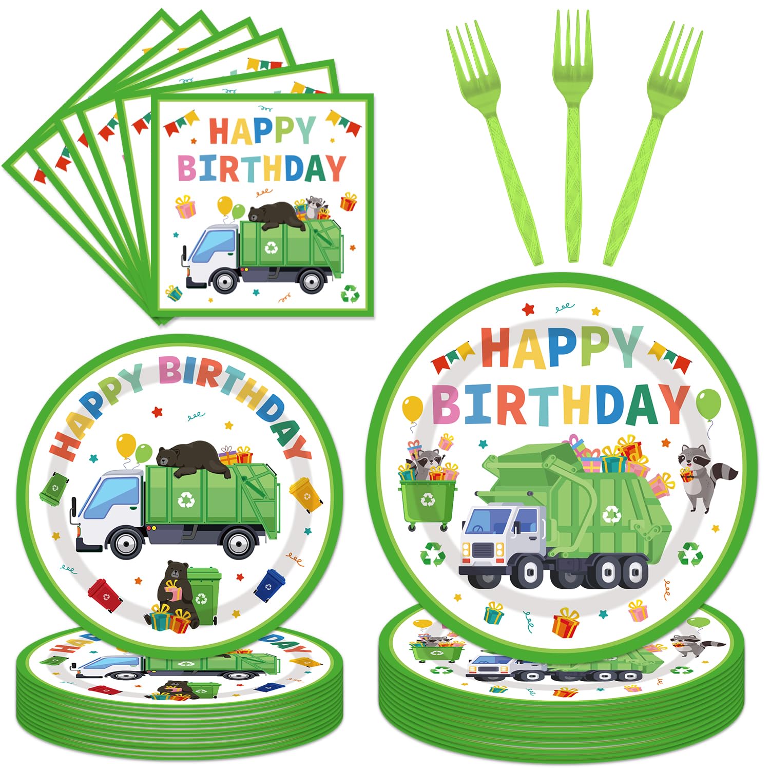 EUOYUFO 96PCS Garbage Trash Truck Plates and Napkins Party Supplies Trash Truck Birthday Party Decorations Waste Management Recy