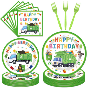 EUOYUFO 96PCS Garbage Trash Truck Plates and Napkins Party Supplies Trash Truck Birthday Party Decorations Waste Management Recy