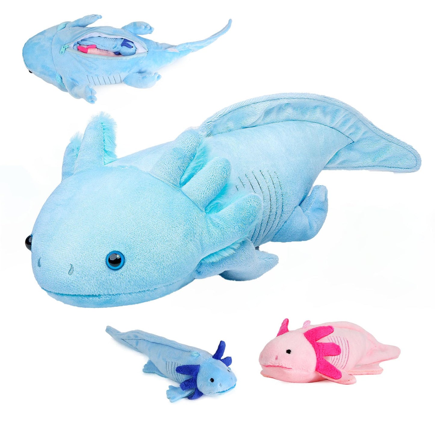 Simulation Blue Axolotl Plush Toy, Cute And Soft Zippered Blue Axolotl Set Stuffed Animal Plush Toys For Kids Boys And Girls Gif