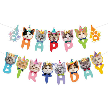Tsj Happy Birthday Cat Birthday Banner, Cat Face Party Banner, Kitty Cat Theme Party Bunting Decoration For Cat Adoption Birthda