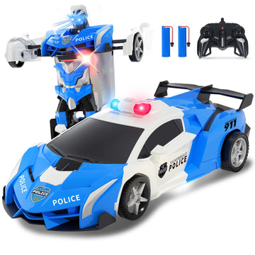 Carox Transform Remote Control Car - Transform Robot RC Car with Laser Eyes, 2.4Ghz Transforming Police Car Toy with 3D Crystal 