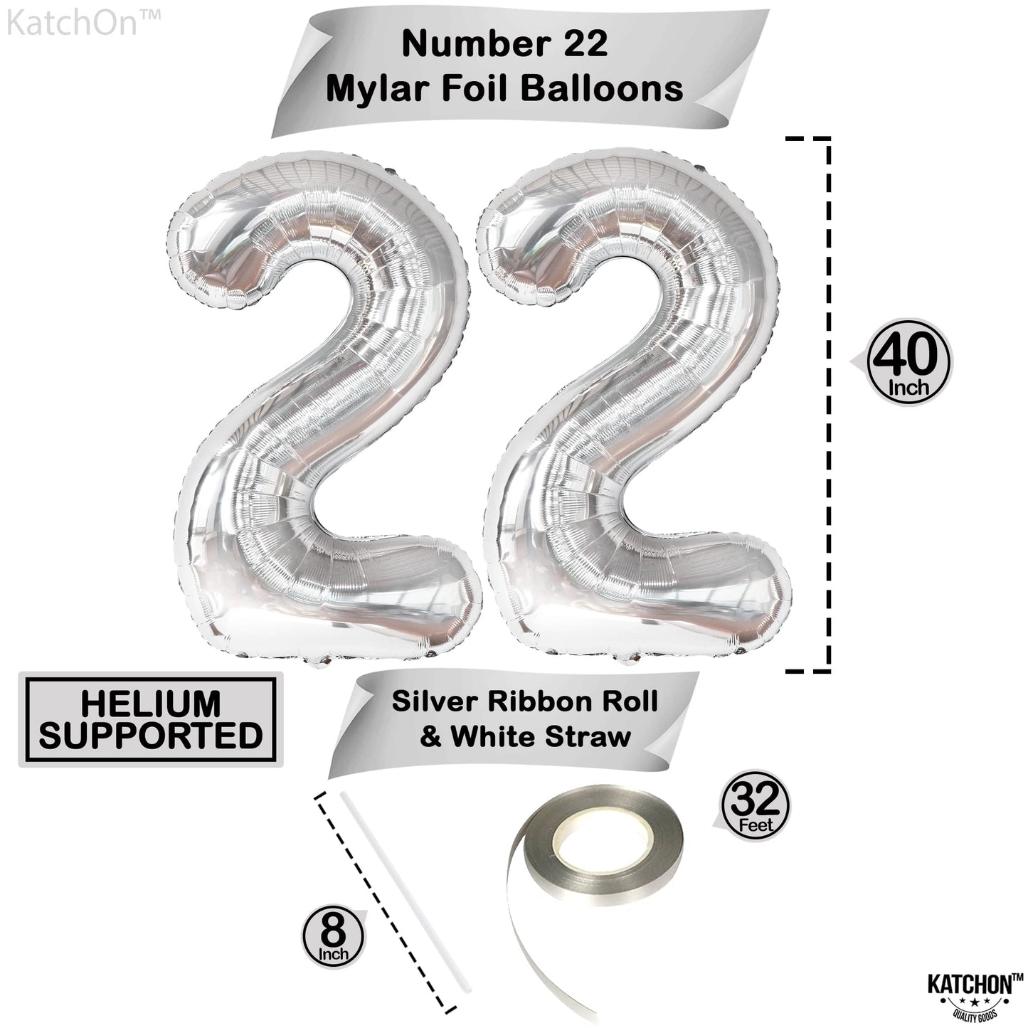 Giant, 40 Inch Silver 22 Balloon Number - 22Nd Birthday Balloons | Mylar 22 Silver Balloons For 22Nd Birthday Decorations | Silver 22 Balloons, Happy 22 Birthday Decorations | 22 Birthday Balloons